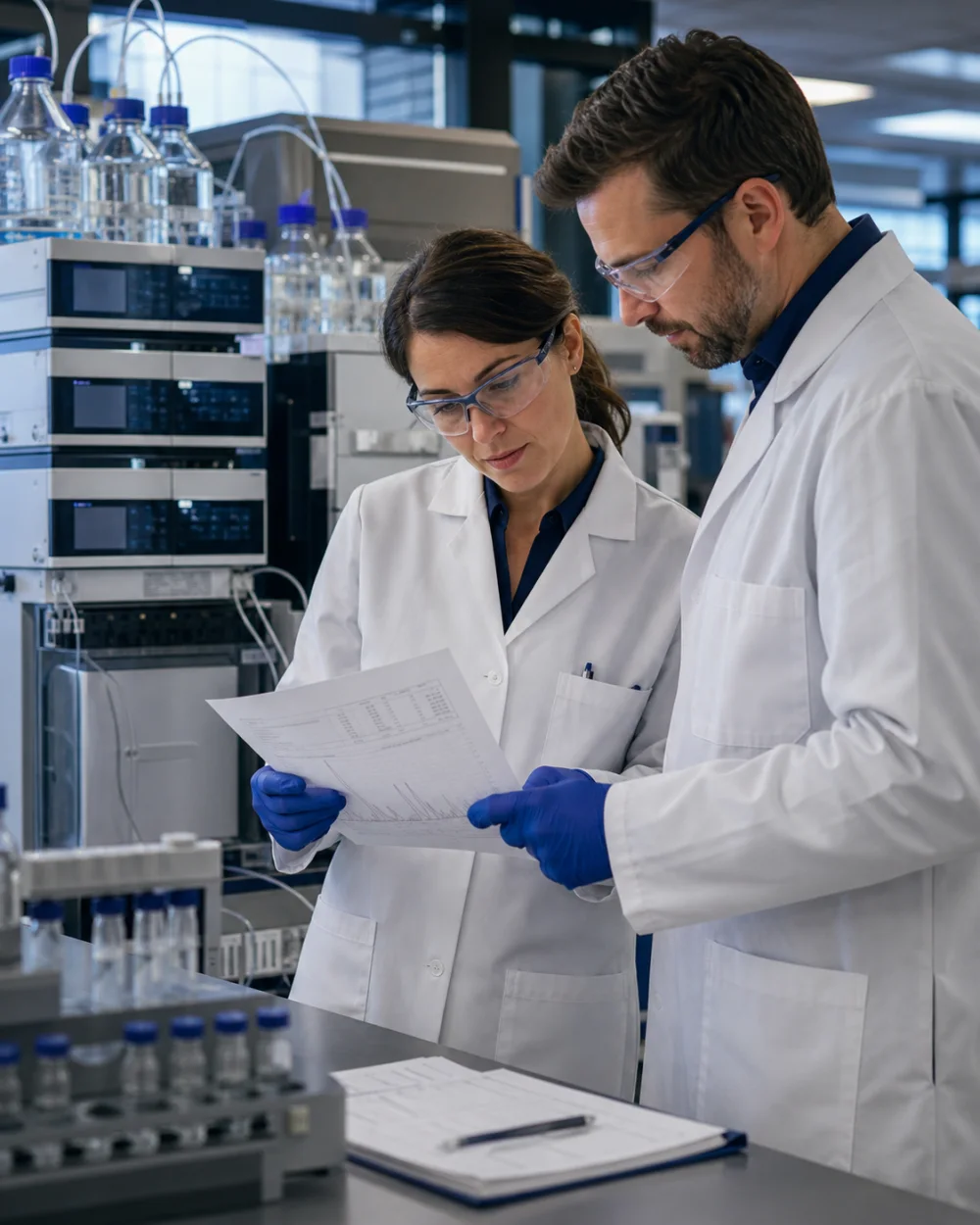 Two laboratory professionals reviewing an analytical record beside testing equipment